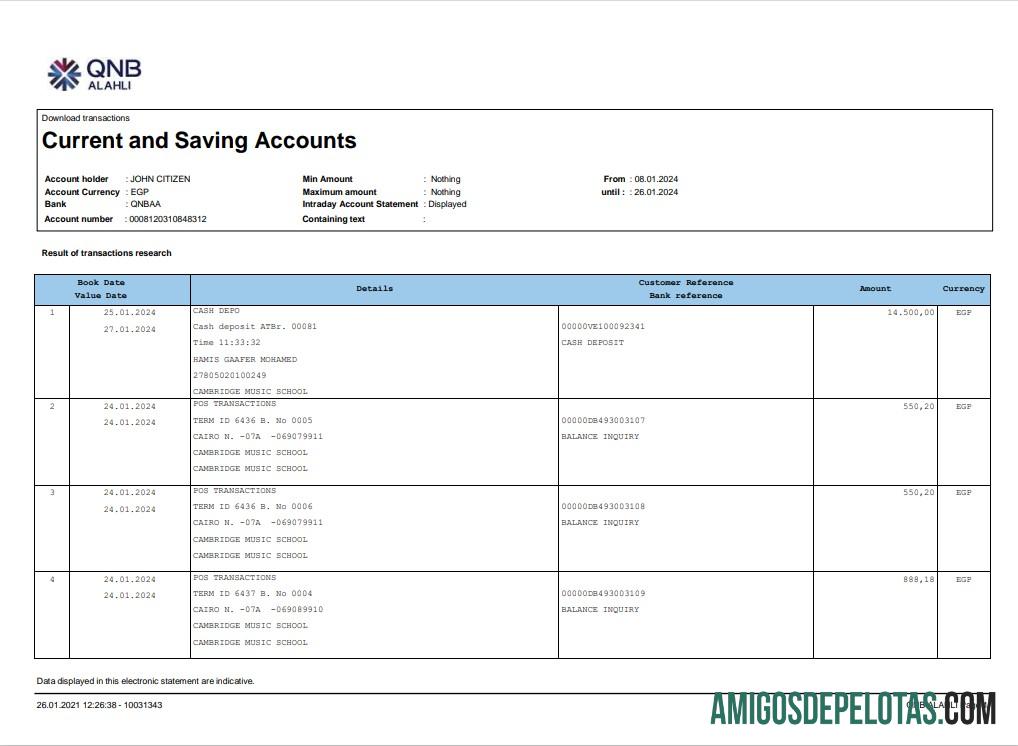Extrato bancário Qatar QNB Alahli de 3 a 6 meses, exemplo em Word e PDF, modelo versão 2